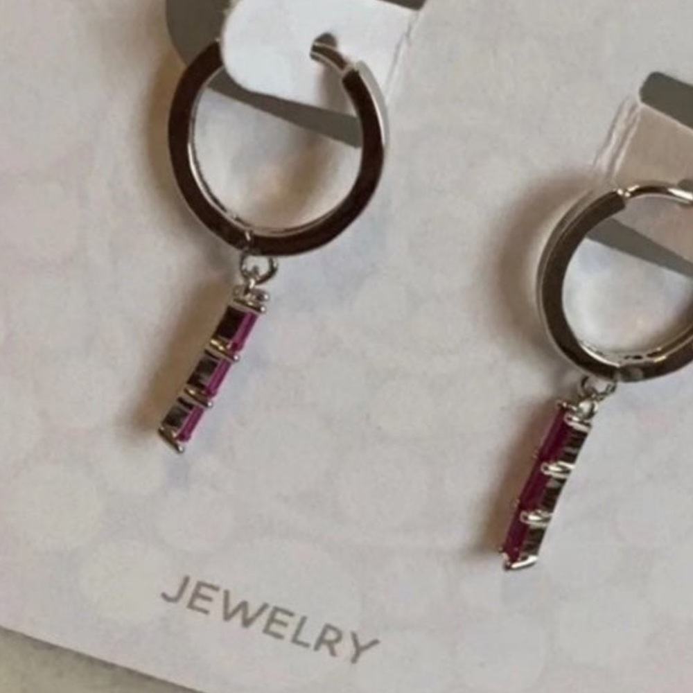Silver Pink Crystal Princess Dangle Huggie Hoop Earrings - Picture 3 of 4